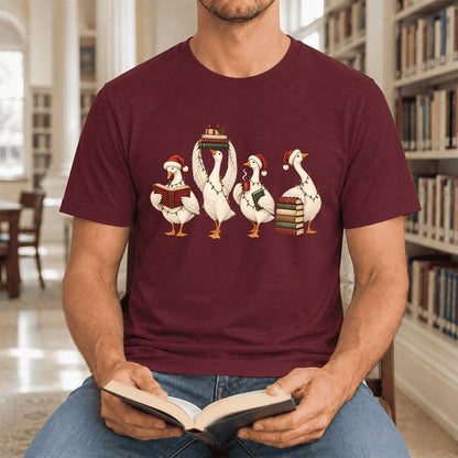 Goose Christmas Reading Ultra-Soft Cotton T-Shirt | Christmas Reader Gift Maroon