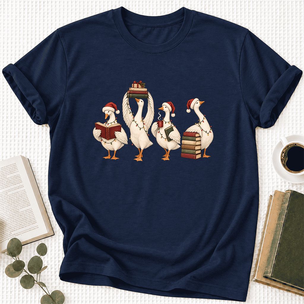 Goose Christmas Reading Ultra-Soft Cotton T-Shirt | Christmas Reader Gift Navy