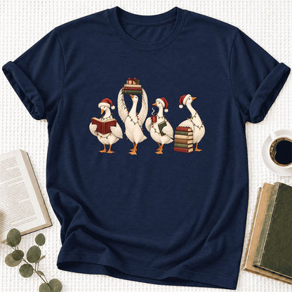 Goose Christmas Reading Ultra-Soft Cotton T-Shirt | Christmas Reader Gift Navy
