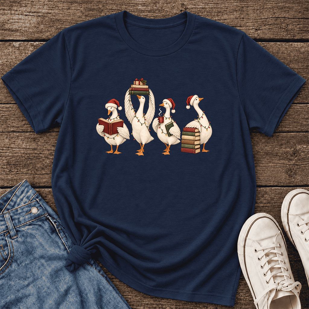 Goose Christmas Reading Ultra-Soft Cotton T-Shirt | Christmas Reader Gift Navy