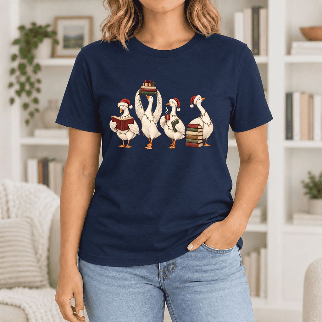 Goose Christmas Reading Ultra-Soft Cotton T-Shirt | Christmas Reader Gift Navy
