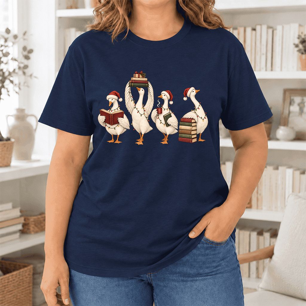 Goose Christmas Reading Ultra-Soft Cotton T-Shirt | Christmas Reader Gift Navy