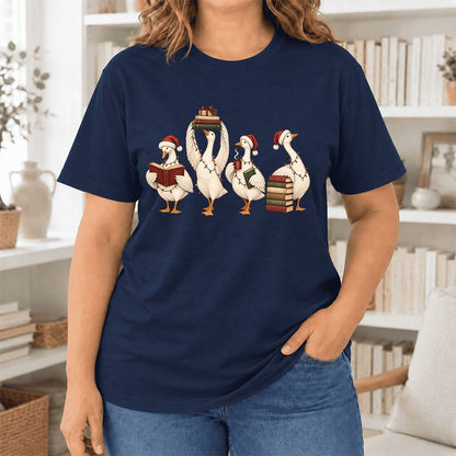 Goose Christmas Reading Ultra-Soft Cotton T-Shirt | Christmas Reader Gift Navy