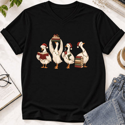 Goose Christmas Reading Ultra-Soft V-Neck | Christmas Reader Gift Black