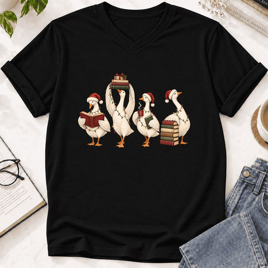 Goose Christmas Reading Ultra-Soft V-Neck | Christmas Reader Gift Black