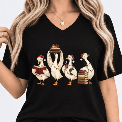 Goose Christmas Reading Ultra-Soft V-Neck | Christmas Reader Gift Black