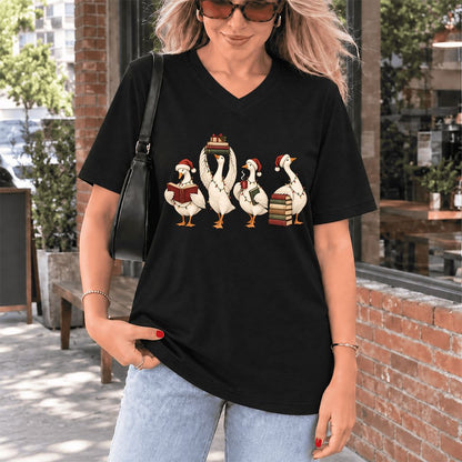 Goose Christmas Reading Ultra-Soft V-Neck | Christmas Reader Gift Black