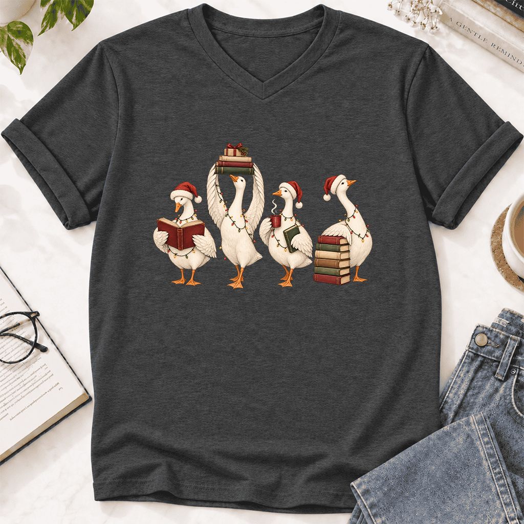 Goose Christmas Reading Ultra-Soft V-Neck | Christmas Reader Gift Dark Grey Heather
