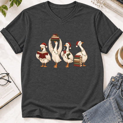 Goose Christmas Reading Ultra-Soft V-Neck | Christmas Reader Gift Dark Grey Heather