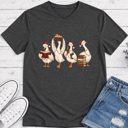 Goose Christmas Reading Ultra-Soft V-Neck | Christmas Reader Gift Dark Grey Heather