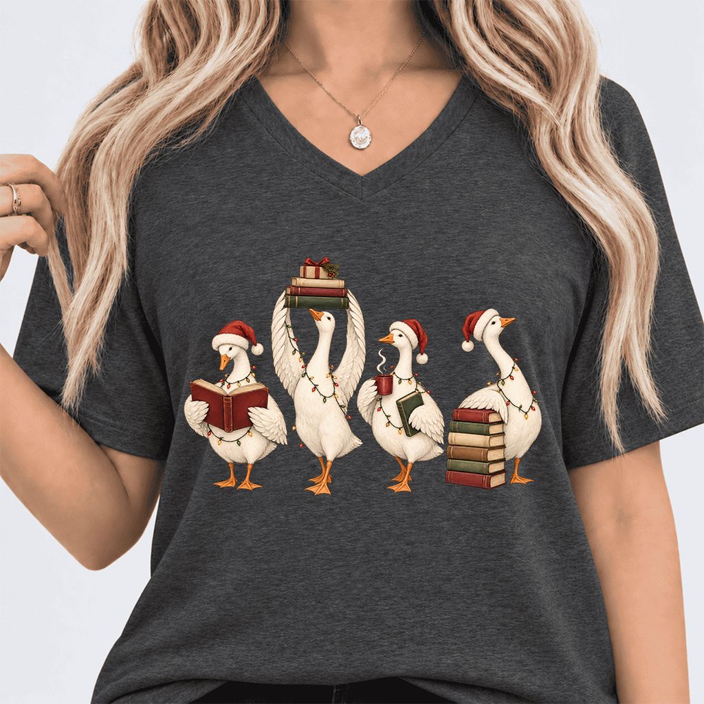 Goose Christmas Reading Ultra-Soft V-Neck | Christmas Reader Gift Dark Grey Heather