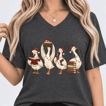 Goose Christmas Reading Ultra-Soft V-Neck | Christmas Reader Gift Dark Grey Heather