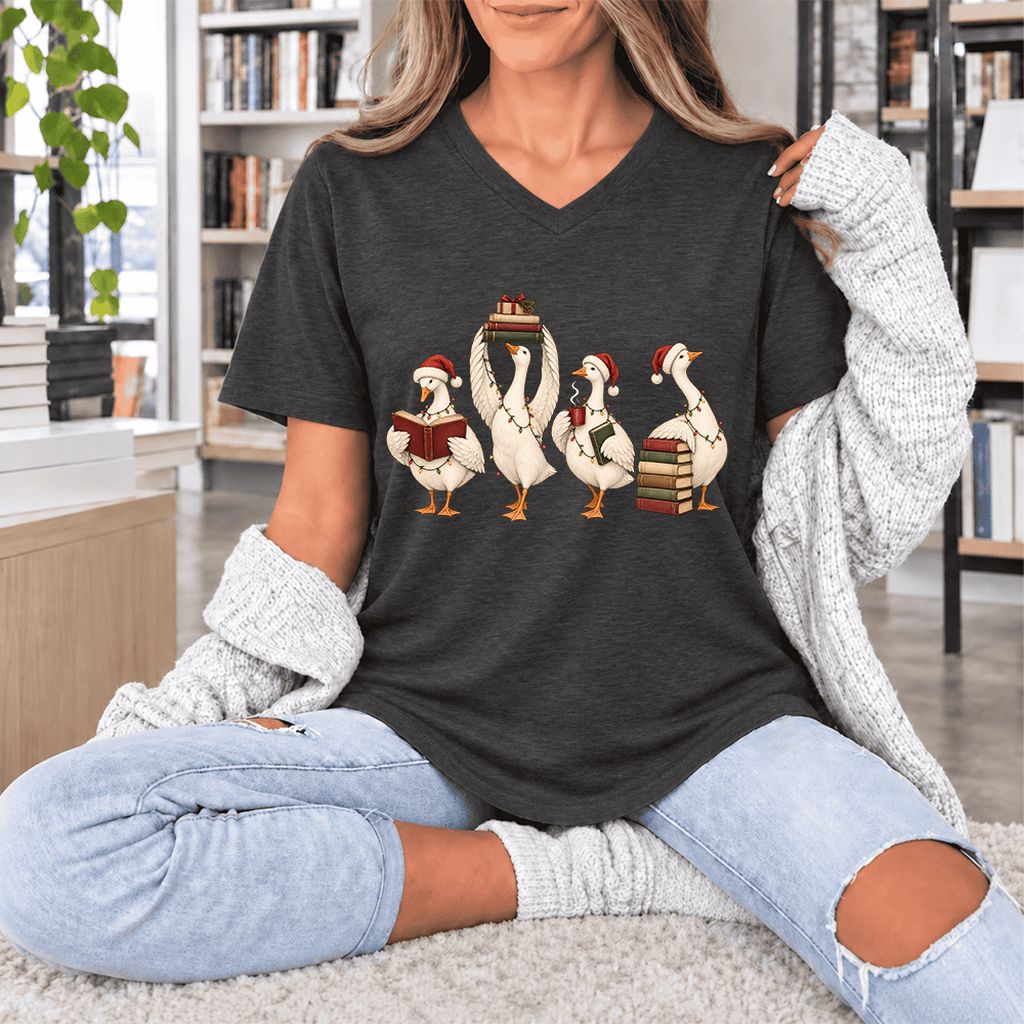 Goose Christmas Reading Ultra-Soft V-Neck | Christmas Reader Gift Dark Grey Heather