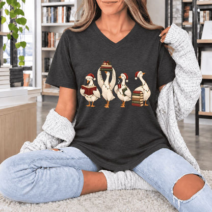 Goose Christmas Reading Ultra-Soft V-Neck | Christmas Reader Gift Dark Grey Heather