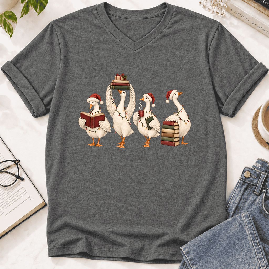 Goose Christmas Reading Ultra-Soft V-Neck | Christmas Reader Gift Deep Heather