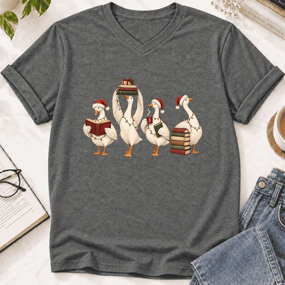 Goose Christmas Reading Ultra-Soft V-Neck | Christmas Reader Gift Deep Heather