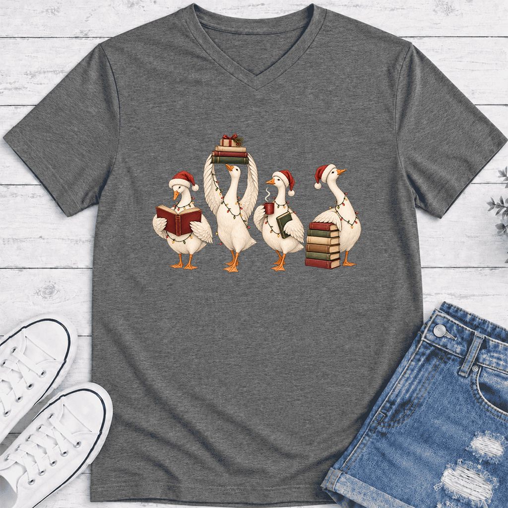 Goose Christmas Reading Ultra-Soft V-Neck | Christmas Reader Gift Deep Heather