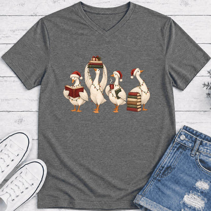 Goose Christmas Reading Ultra-Soft V-Neck | Christmas Reader Gift Deep Heather