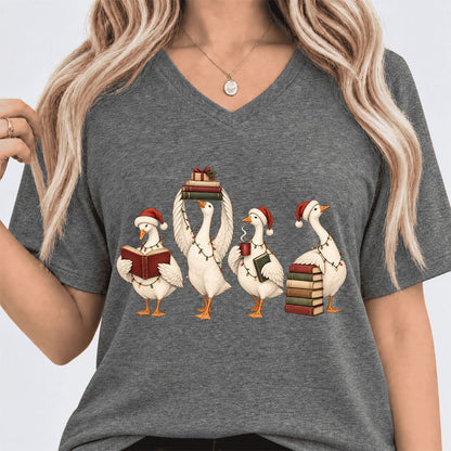 Goose Christmas Reading Ultra-Soft V-Neck | Christmas Reader Gift Deep Heather