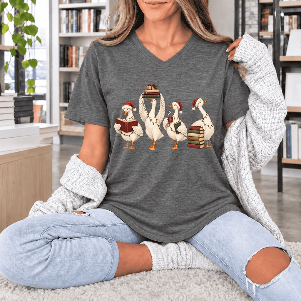 Goose Christmas Reading Ultra-Soft V-Neck | Christmas Reader Gift Deep Heather