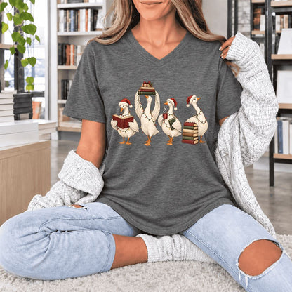 Goose Christmas Reading Ultra-Soft V-Neck | Christmas Reader Gift Deep Heather