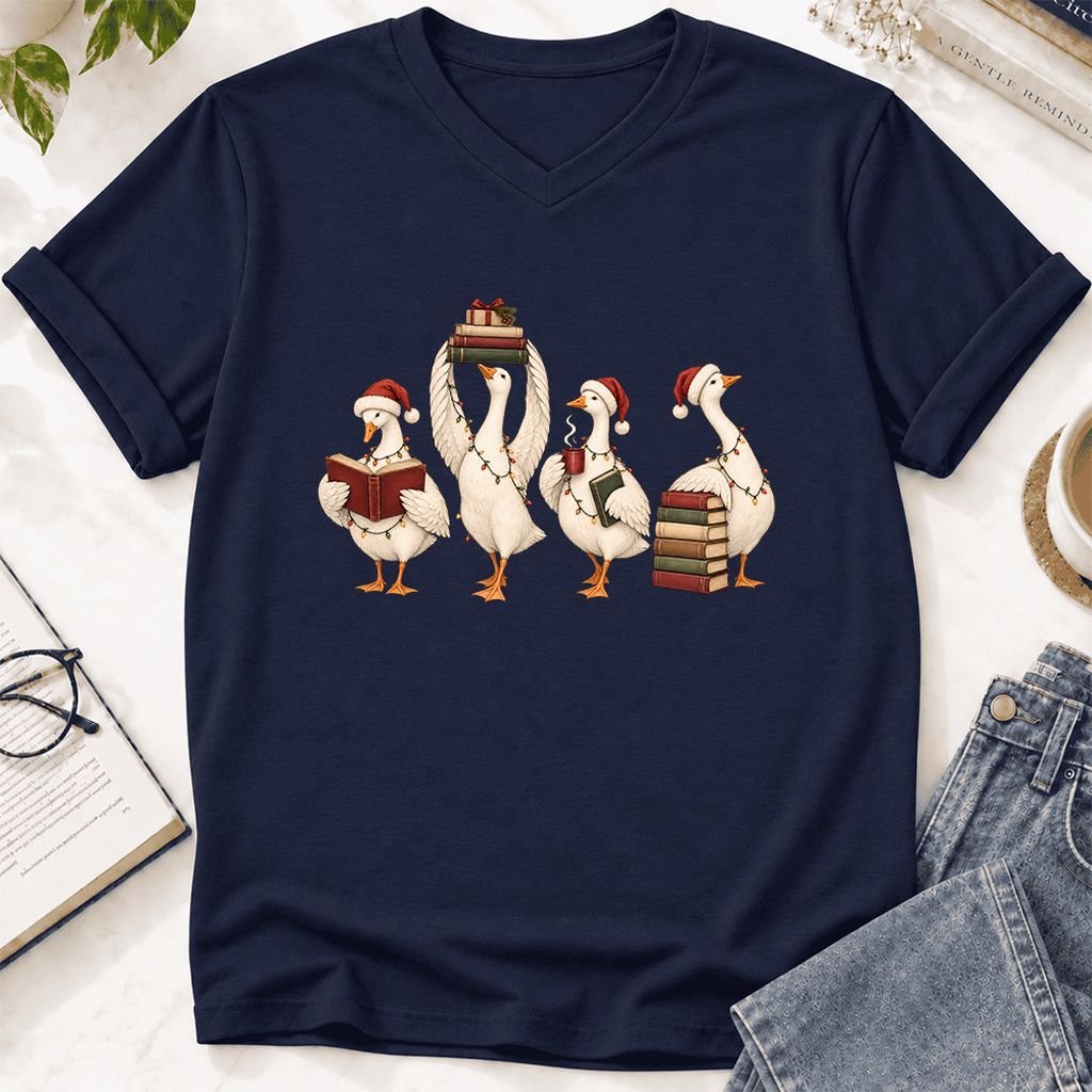 Goose Christmas Reading Ultra-Soft V-Neck | Christmas Reader Gift Navy