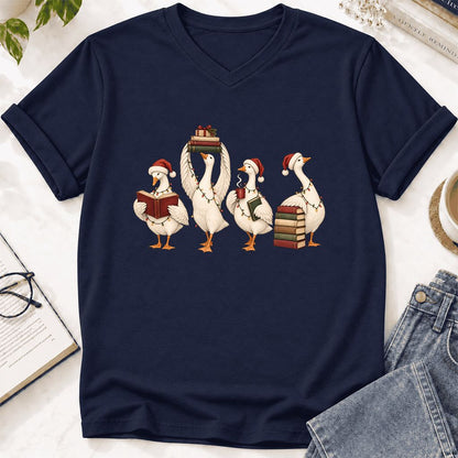 Goose Christmas Reading Ultra-Soft V-Neck | Christmas Reader Gift Navy