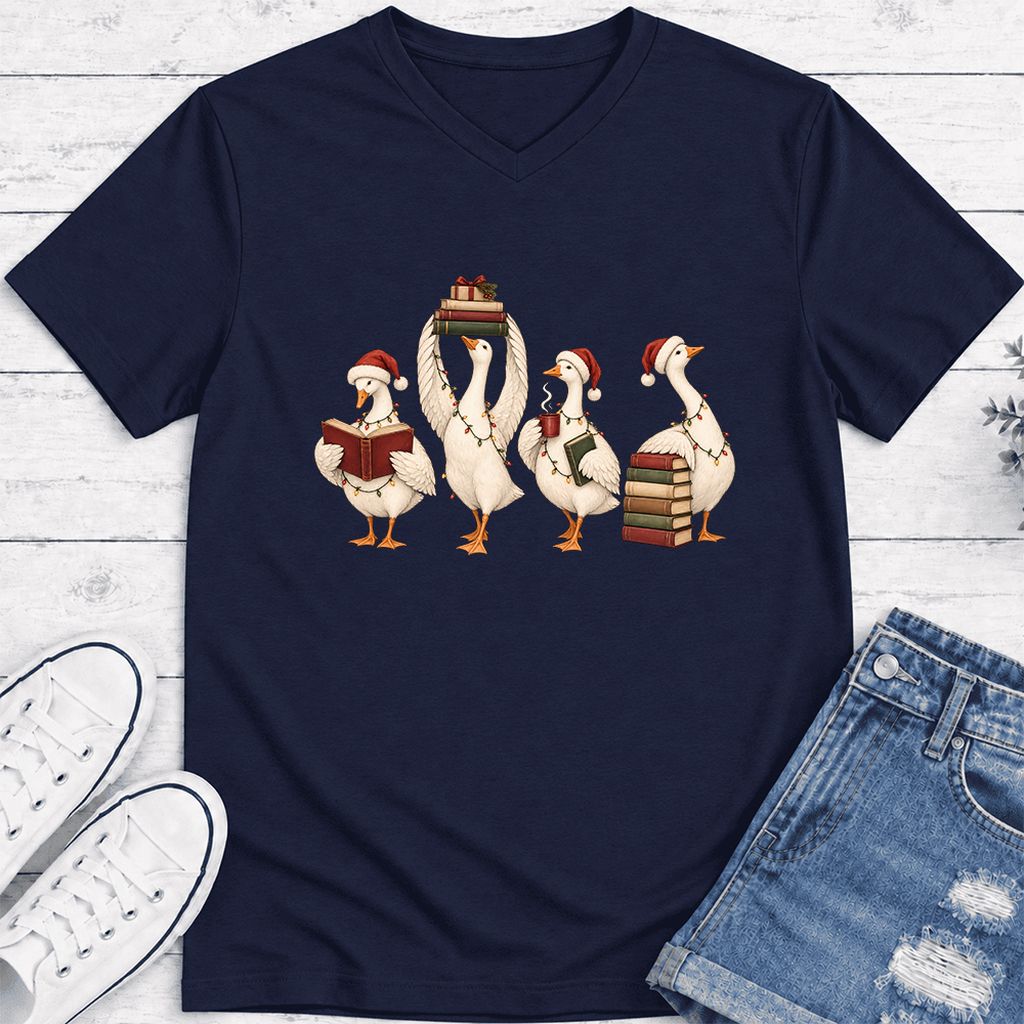 Goose Christmas Reading Ultra-Soft V-Neck | Christmas Reader Gift Navy