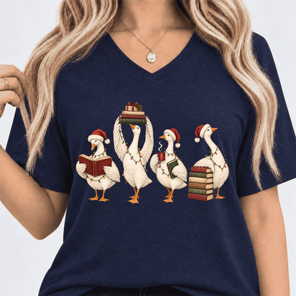 Goose Christmas Reading Ultra-Soft V-Neck | Christmas Reader Gift Navy