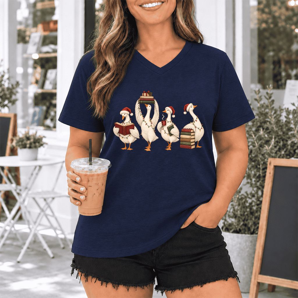 Goose Christmas Reading Ultra-Soft V-Neck | Christmas Reader Gift Navy
