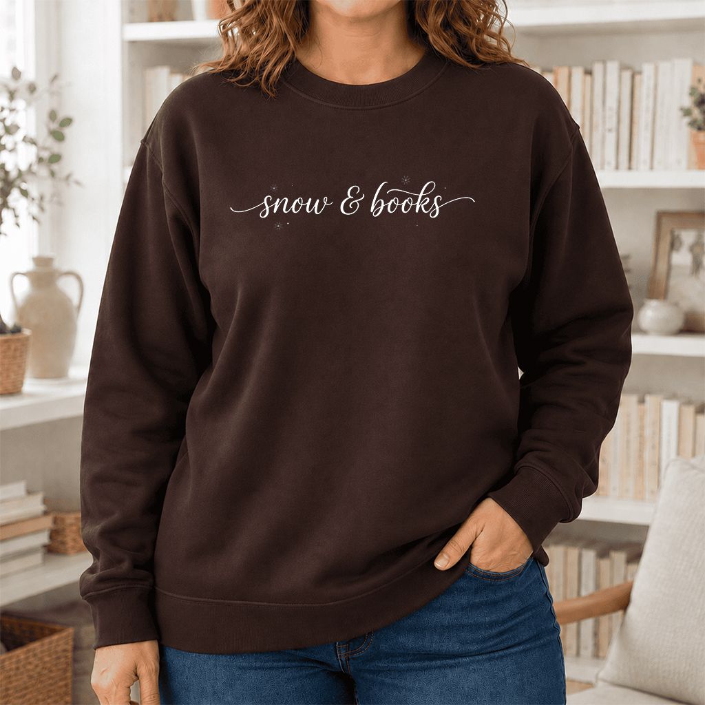 Snow & Books Printed Sweatshirt | Christmas Reader Gift Dark Chocolate