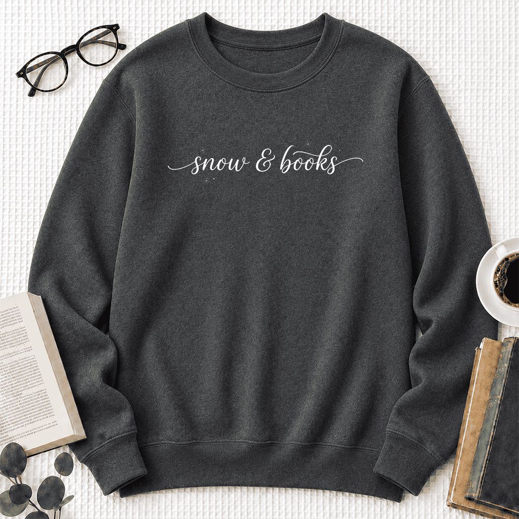 Snow & Books Printed Sweatshirt | Christmas Reader Gift Dark Heather