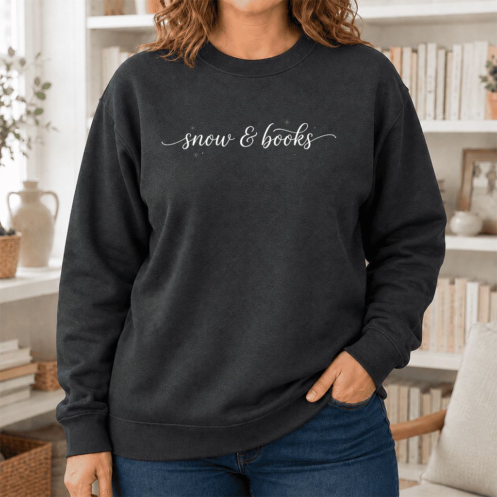 Snow & Books Printed Sweatshirt | Christmas Reader Gift Dark Heather