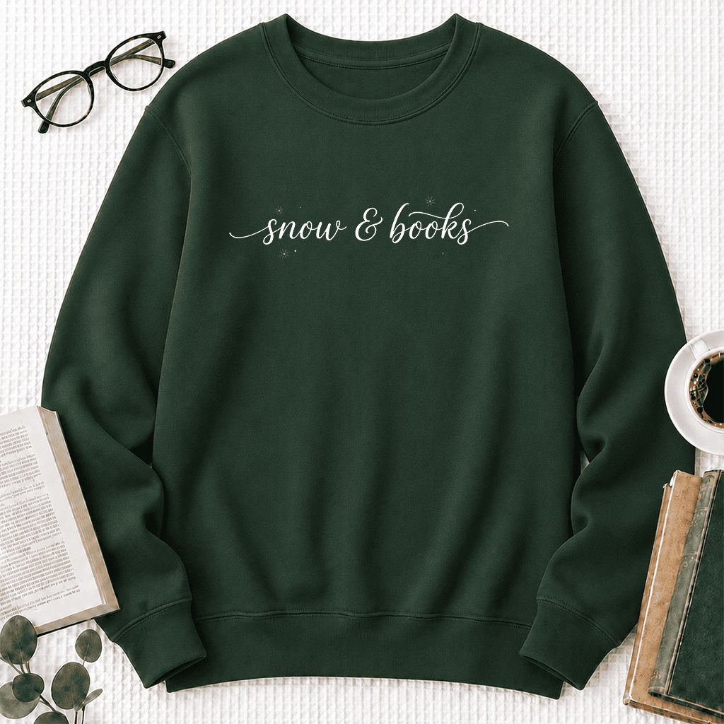 Snow & Books Printed Sweatshirt | Christmas Reader Gift Forest Green