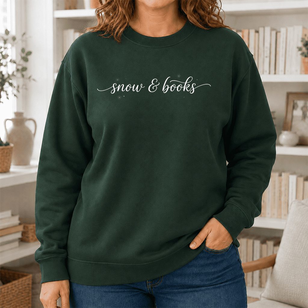 Snow & Books Printed Sweatshirt | Christmas Reader Gift Forest Green