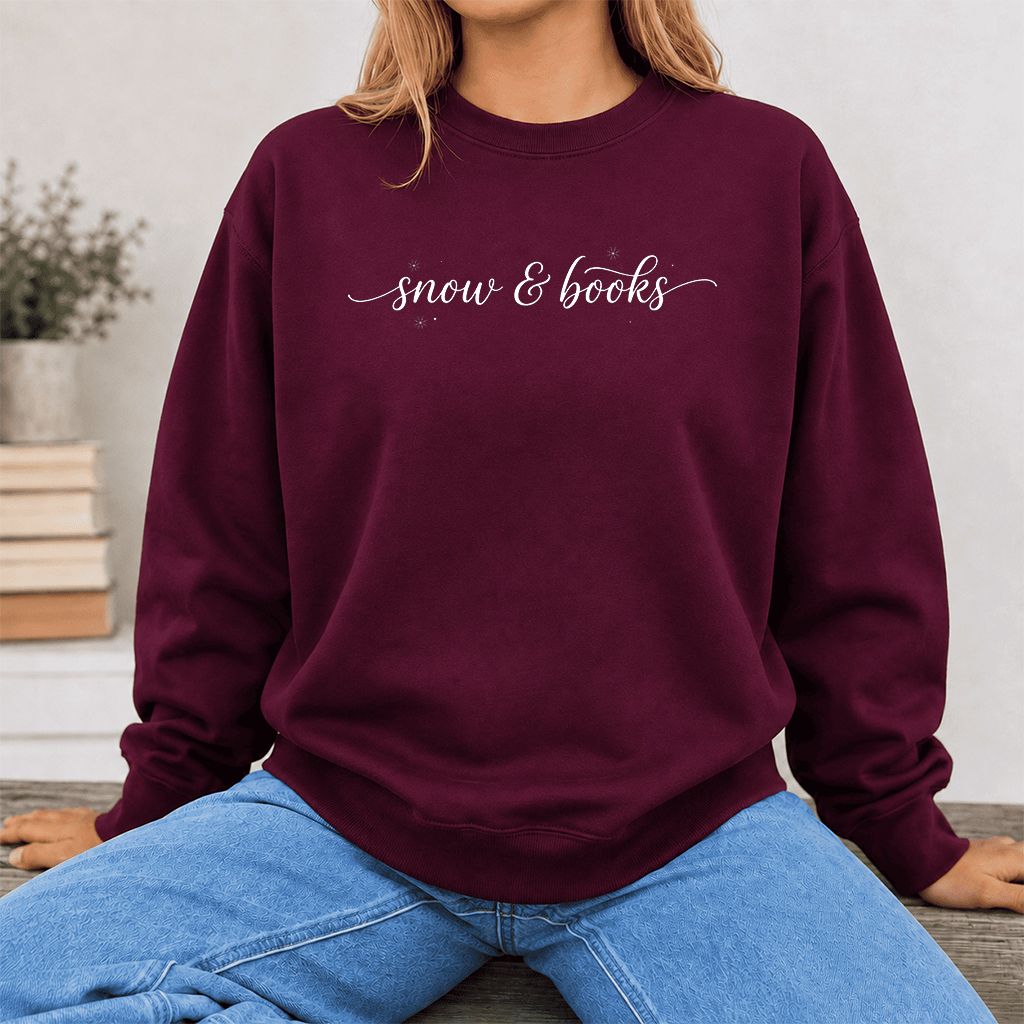 Snow & Books Printed Sweatshirt | Christmas Reader Gift Maroon