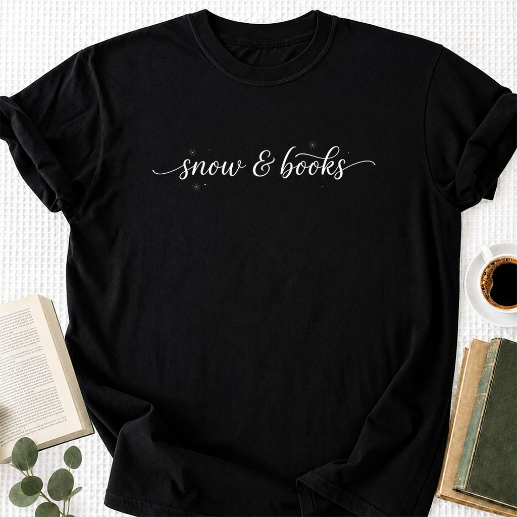Snow & Books Printed T-Shirt | Christmas Reader Gift Black