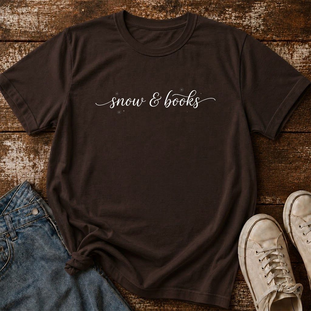 Snow & Books Printed T-Shirt | Christmas Reader Gift Dark Chocolate