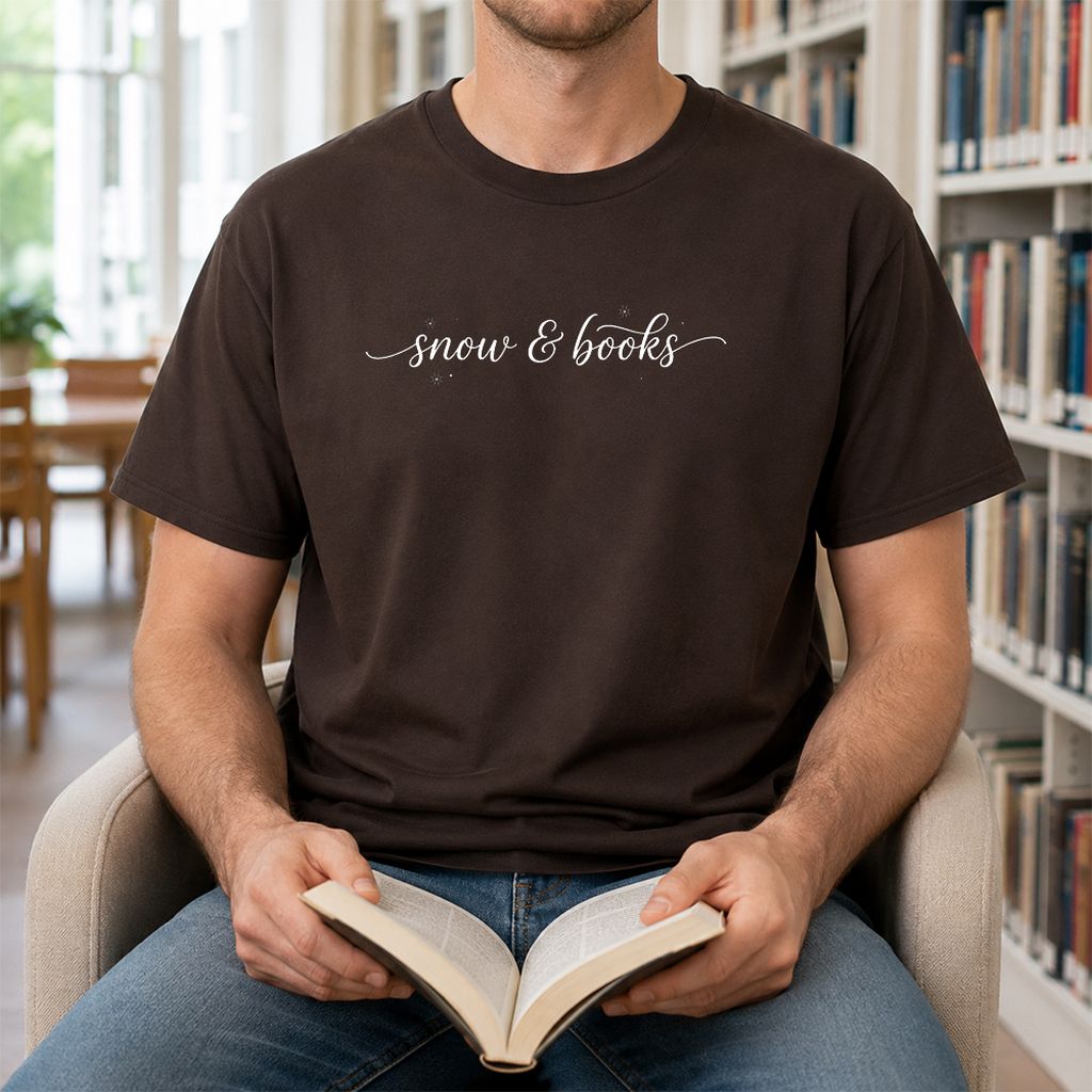 Snow & Books Printed T-Shirt | Christmas Reader Gift Dark Chocolate