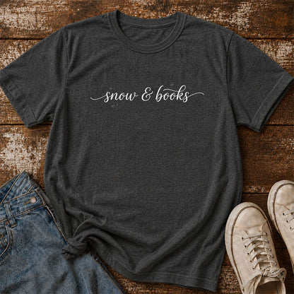 Snow & Books Printed T-Shirt | Christmas Reader Gift Dark Heather