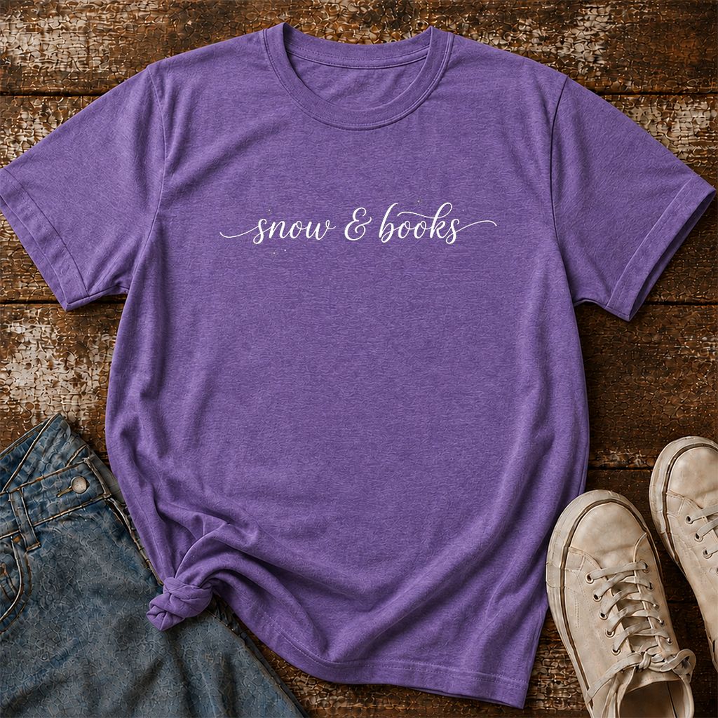 Snow & Books Printed T-Shirt | Christmas Reader Gift Heather Purple
