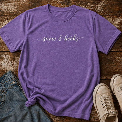 Snow & Books Printed T-Shirt | Christmas Reader Gift Heather Purple