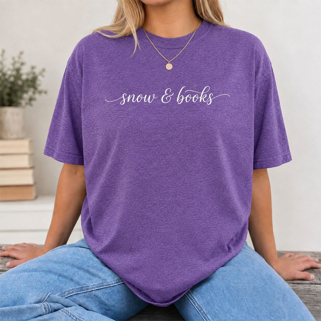 Snow & Books Printed T-Shirt | Christmas Reader Gift Heather Purple