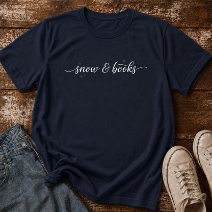 Snow & Books Printed T-Shirt | Christmas Reader Gift Navy