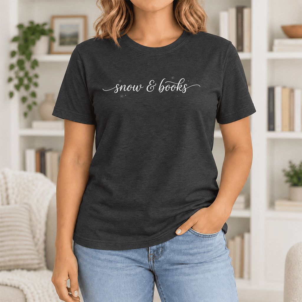 Snow & Books Ultra-Soft Cotton T-Shirt | Christmas Reader Gift Black Heather