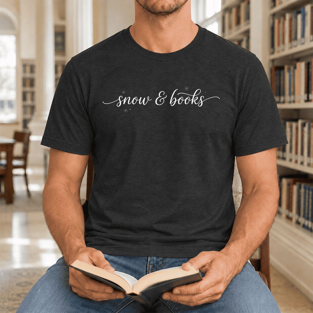 Snow & Books Ultra-Soft Cotton T-Shirt | Christmas Reader Gift Black Heather