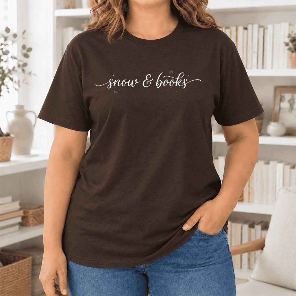 Snow & Books Ultra-Soft Cotton T-Shirt | Christmas Reader Gift Brown