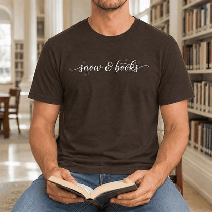 Snow & Books Ultra-Soft Cotton T-Shirt | Christmas Reader Gift Brown