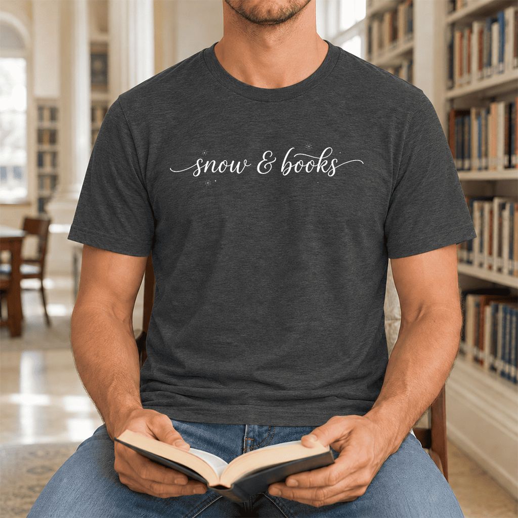 Snow & Books Ultra-Soft Cotton T-Shirt | Christmas Reader Gift Dark Grey Heather