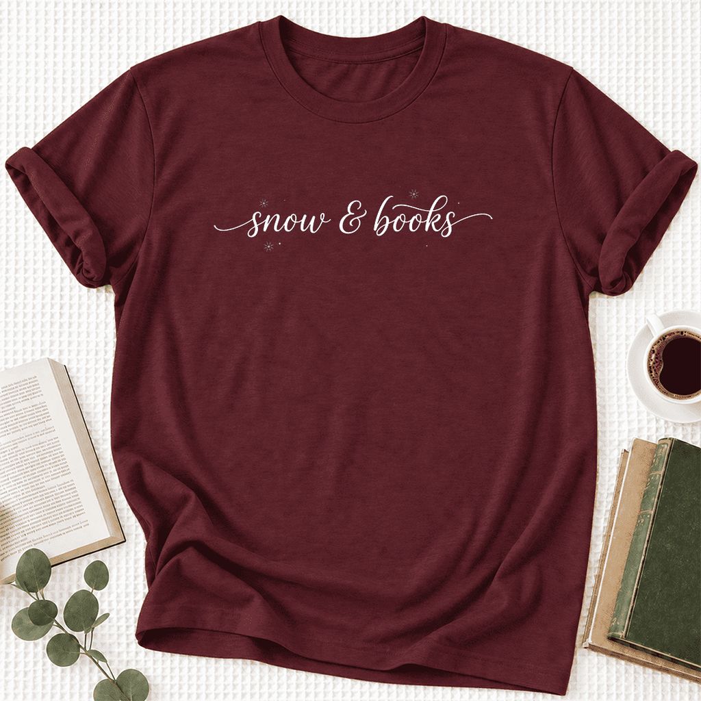 Snow & Books Ultra-Soft Cotton T-Shirt | Christmas Reader Gift Maroon